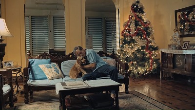 クリスマスツリーの前で犬を抱きしめる男性